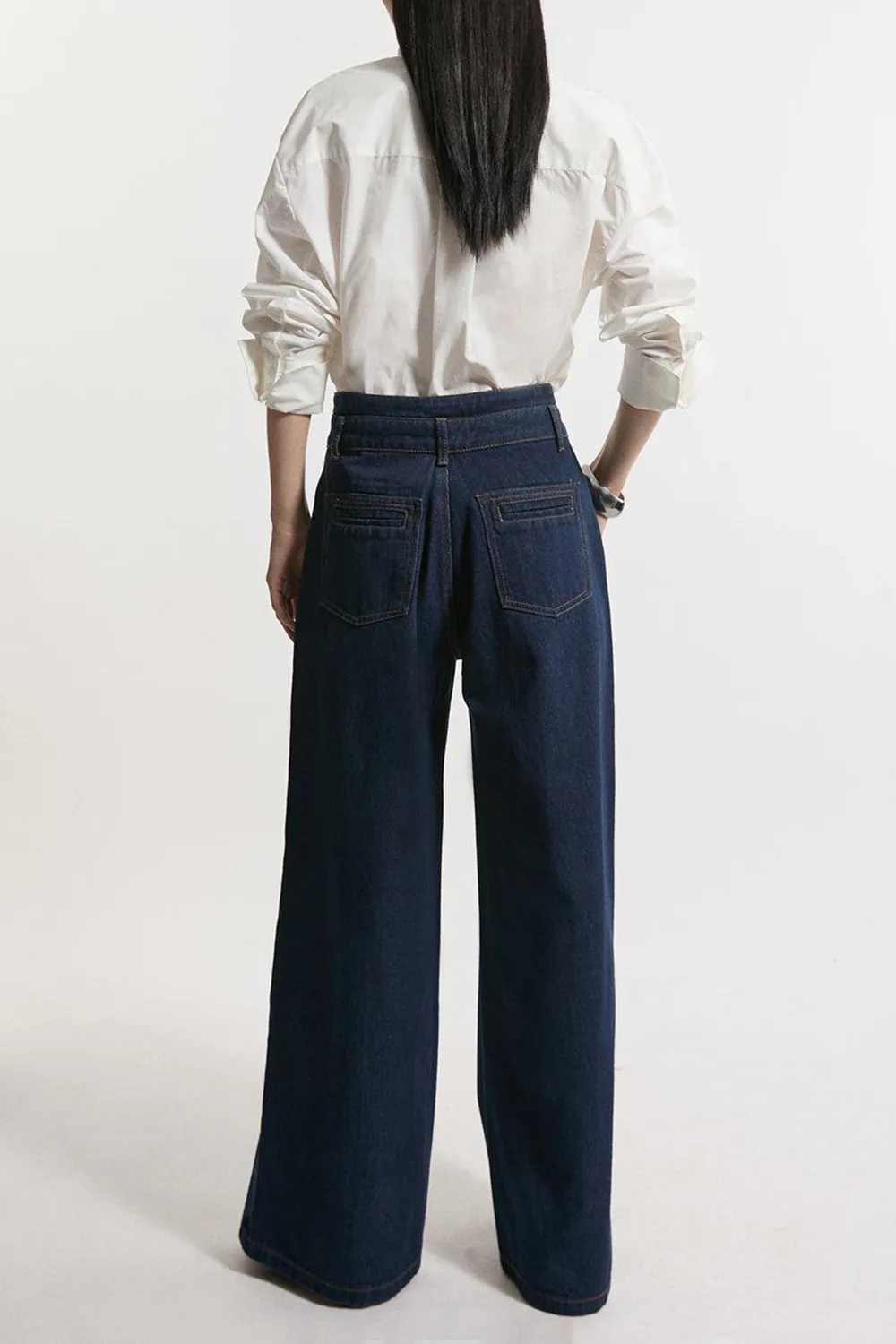 Denim Waistband Detail Wide Leg Trousers