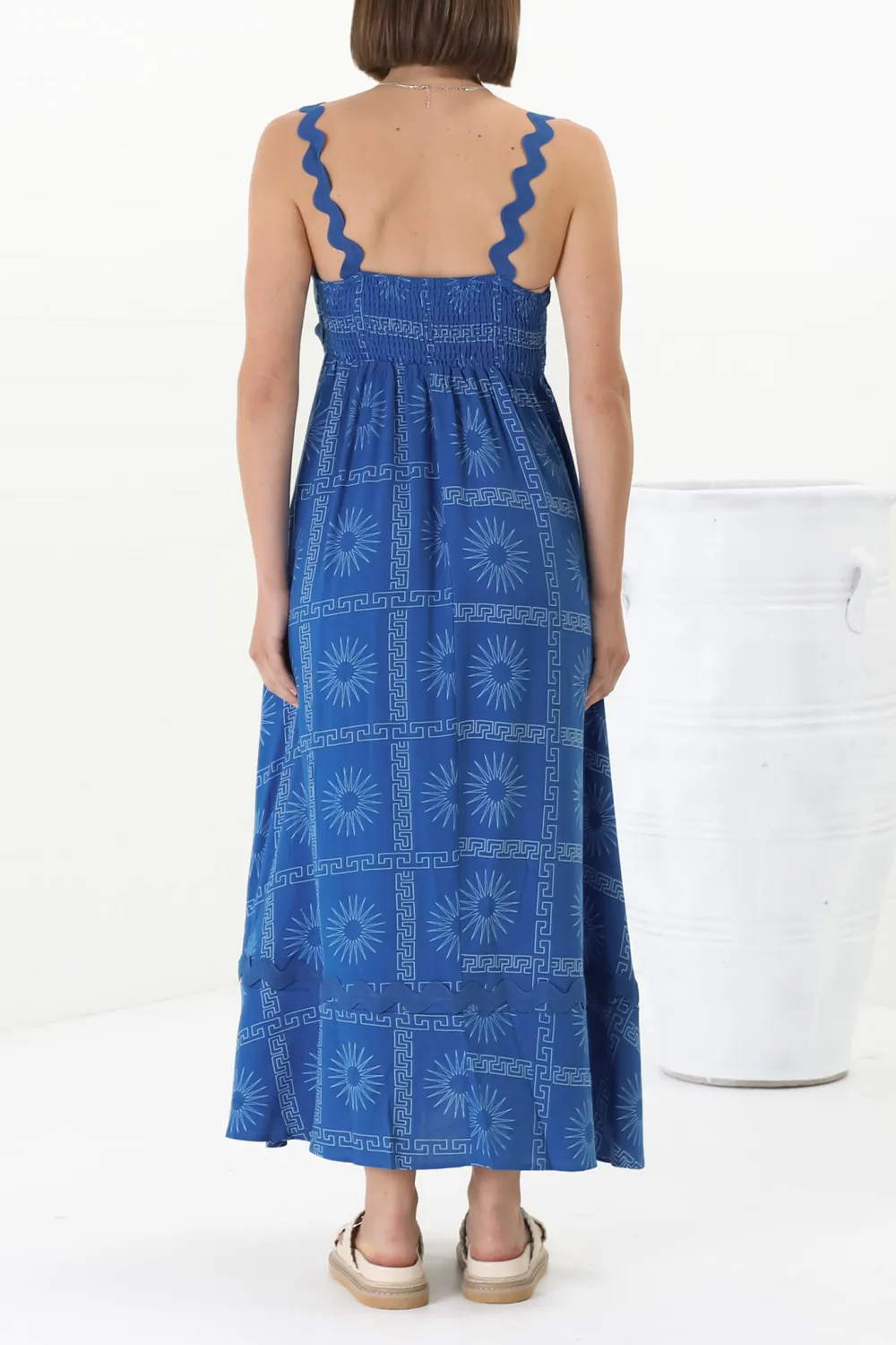 Blue Patterned Scallop Strap Maxi Dress