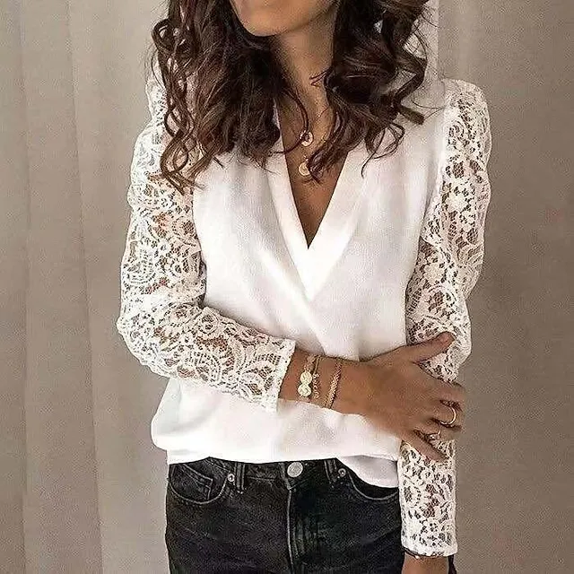 Blouse Women's Black White Pink Solid / Plain Color Lace Patchwork Street Going out Daily Elegant & Luxurious V Neck S