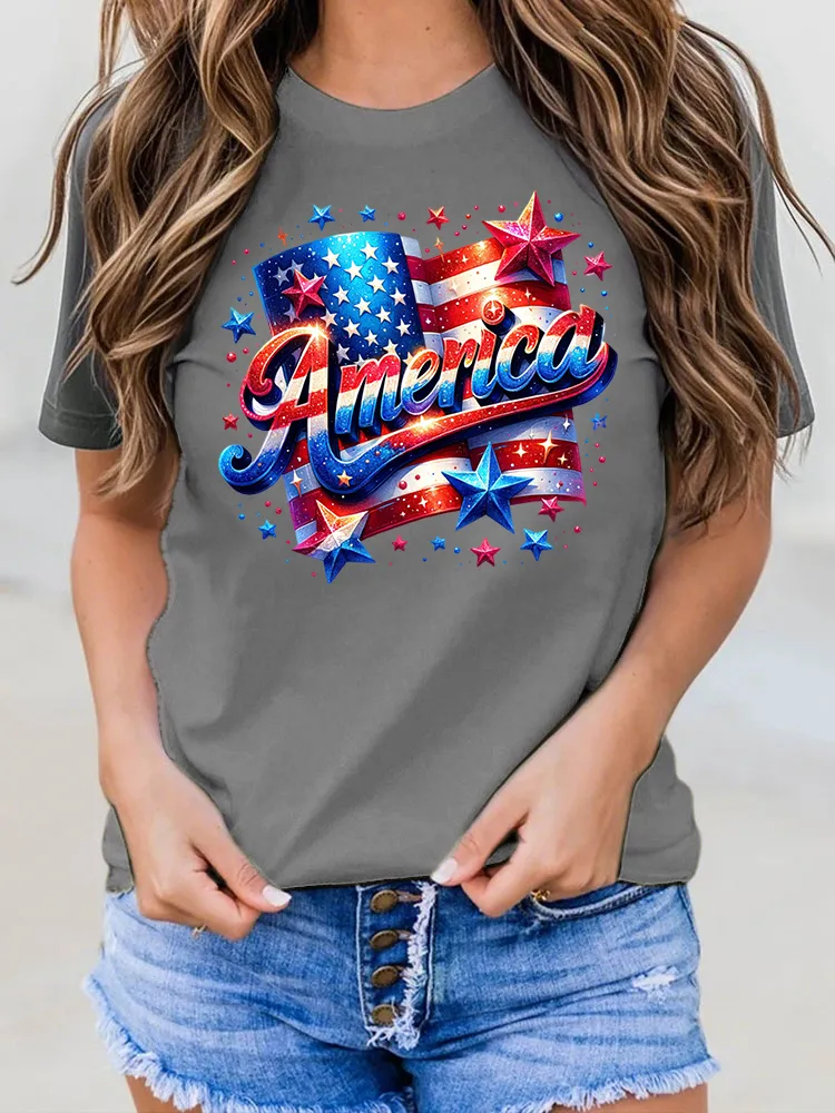 USA Independence Day Print Round-Neck Short-Sleeved T-Shirt