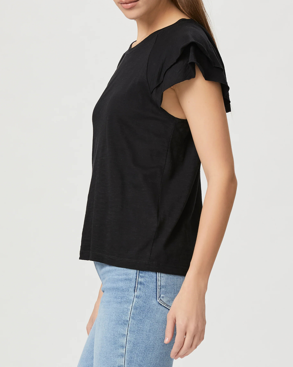 Black Double Flutter Sleeve Short Sleeve Top