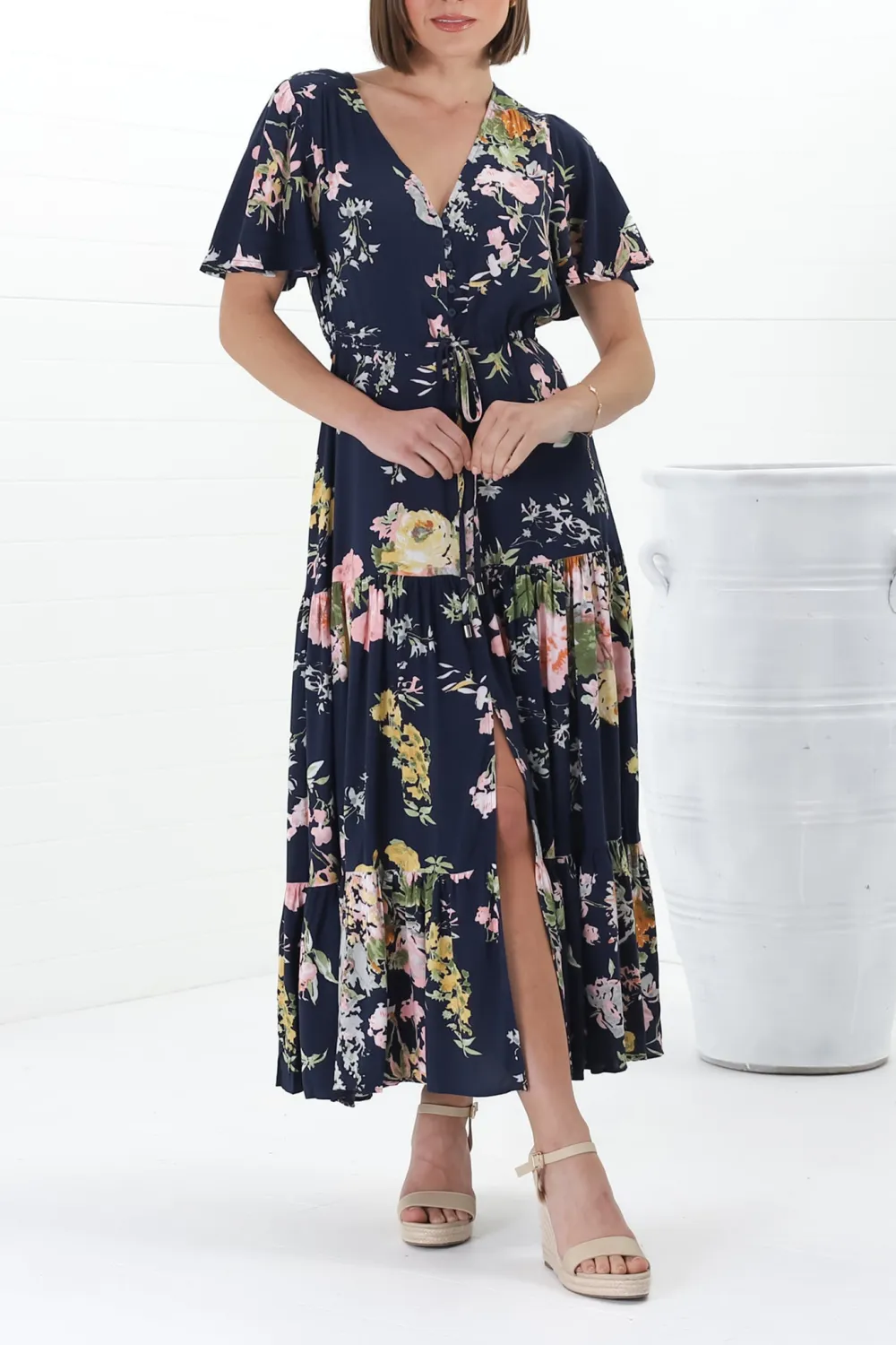Navy Blue Floral Print Flutter Sleeve Maxi  Dress