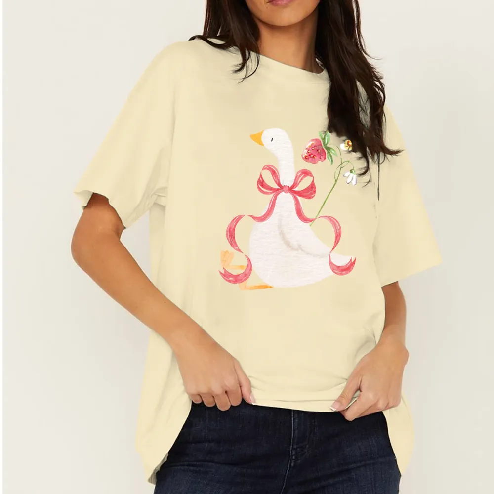 Casual T-Shirt Wwith Cartoon White Goose Pattern