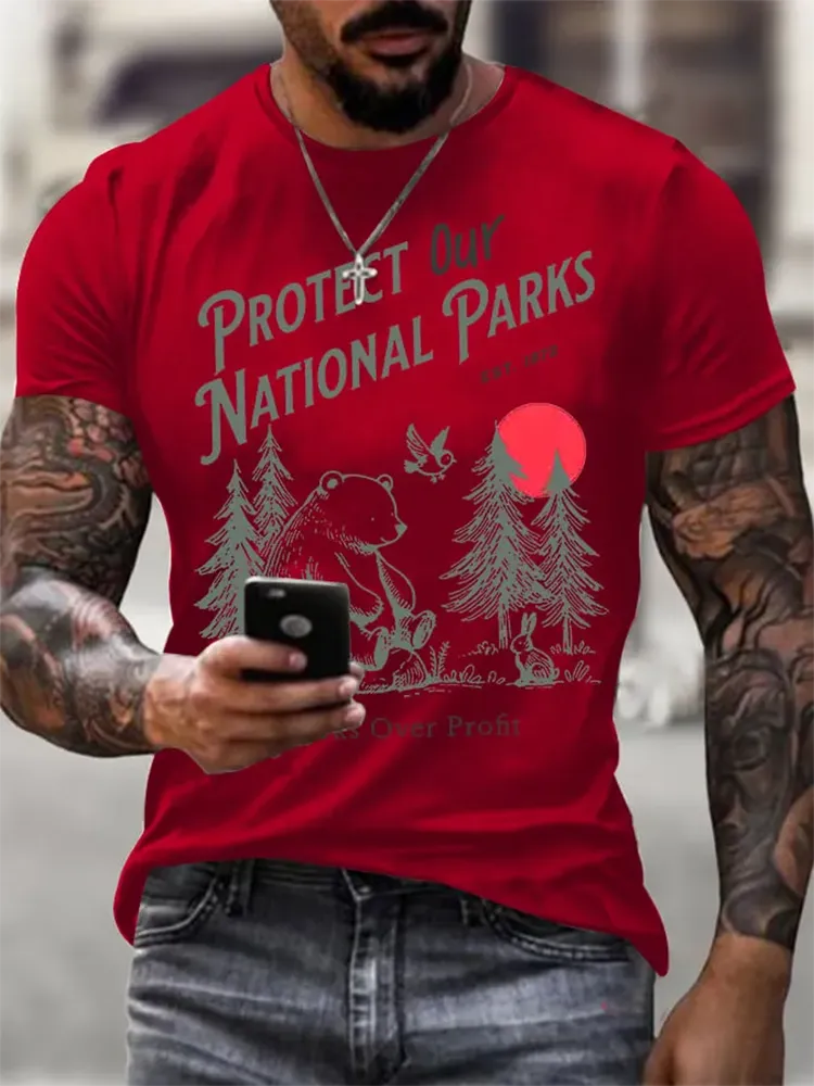 Men'S Protect Our National Parks Printed Round Neck T-Shirt