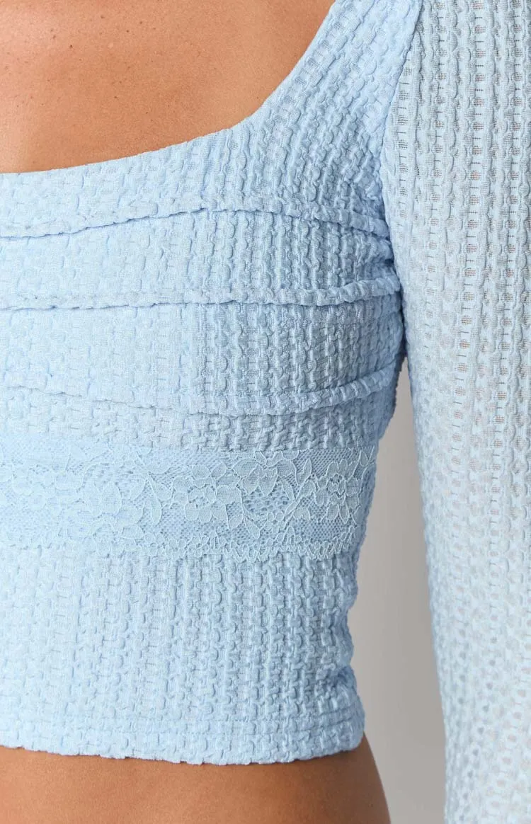 Light Blue Square Neck Long Sleeve Crop Top