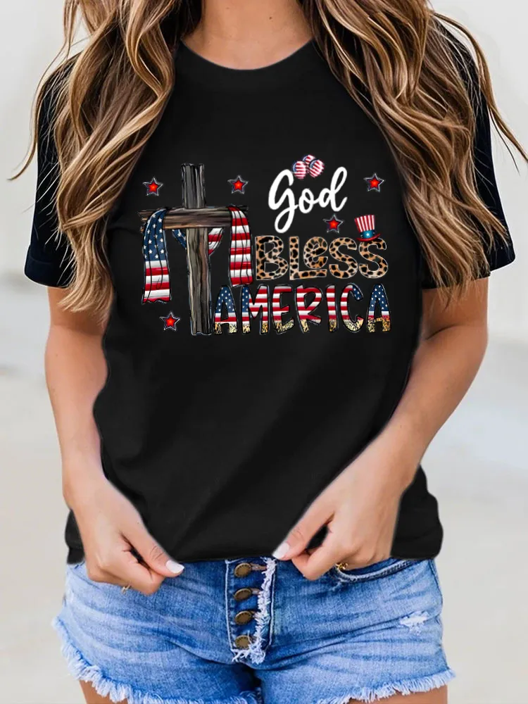 God Bless America Print Round-Neck Short-Sleeved T-Shirt