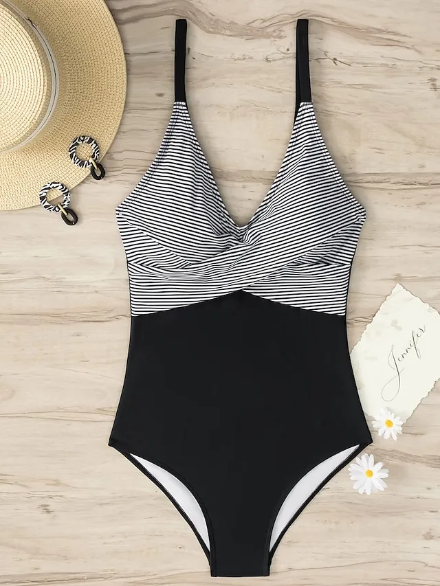 Fashion Polka Dots Swimsuits Women Modest One Piece Swimsuits Padded Push Up Ladies Stripes Backless Swimwear Vintage Bathing Suits Retro Camisole Beach Wear S-XXL