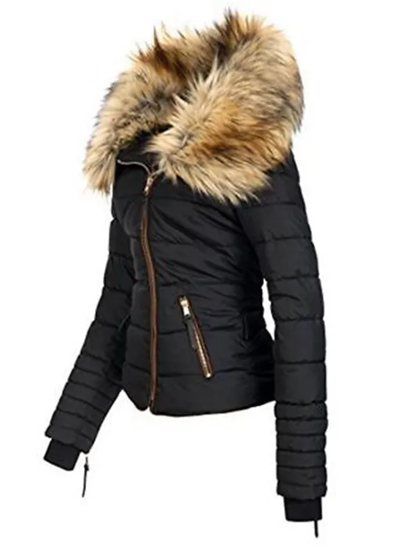 Women's Parka Fleece Puffer Jacket Winter Thicken Coat with Fur Collar Fall Drawstring Warm Heated Jacket with Pockets Long Sleeve Black