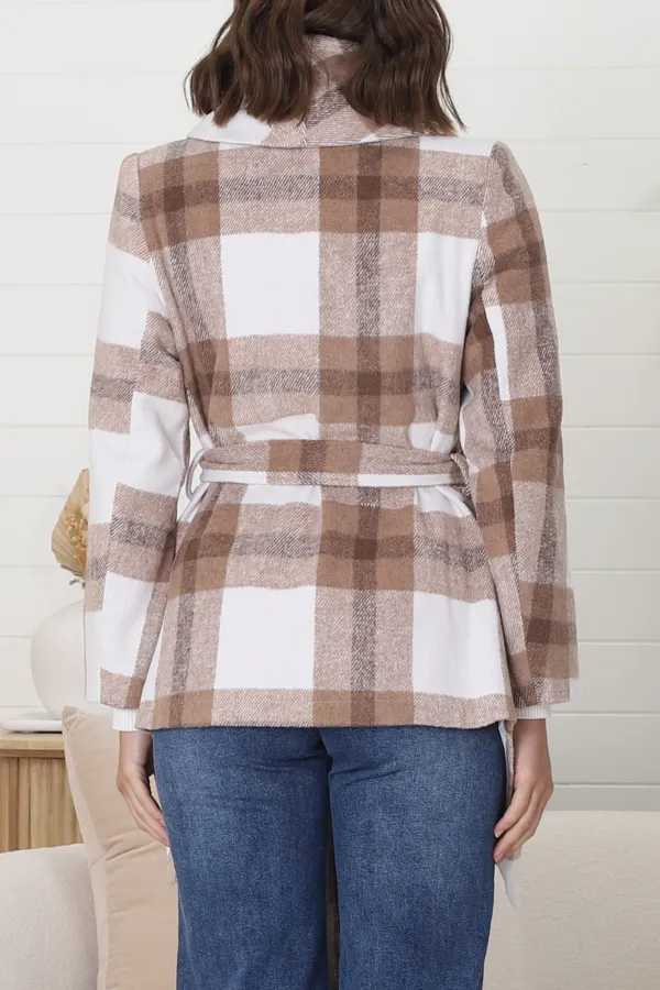 Taupe Plaid Belted Wrap Coat