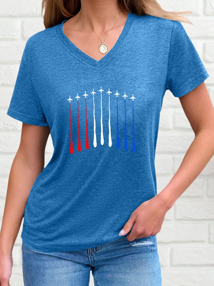 Woman'S Airplane Smoke-Pulling Performance Print V-Neck And Short Sleeves T-Shirt