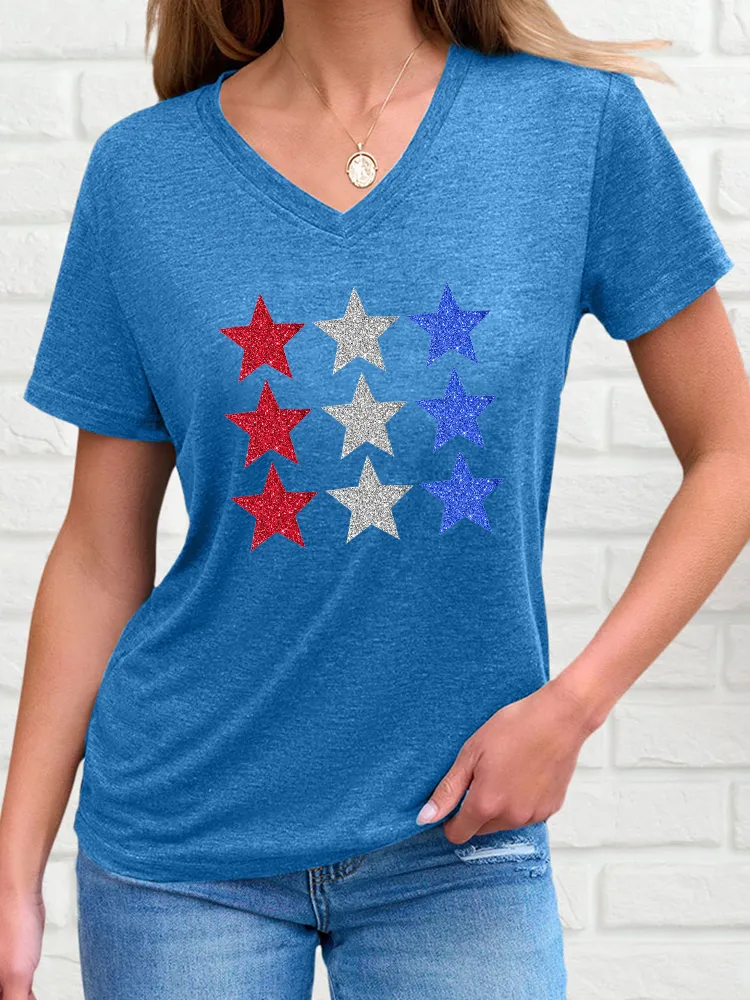 Woman'S Star Print V-Neck And Short Sleeves T-Shirt