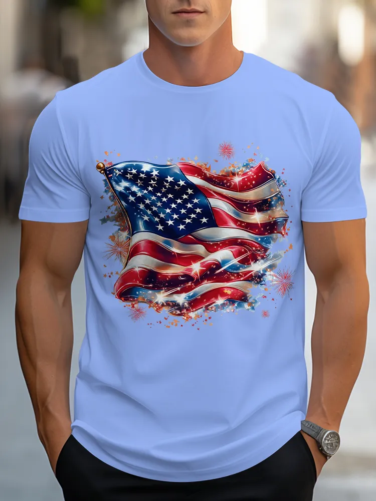 Man'S Stars And Stripes Print Round-Neck Short-Sleeved T-Shirt