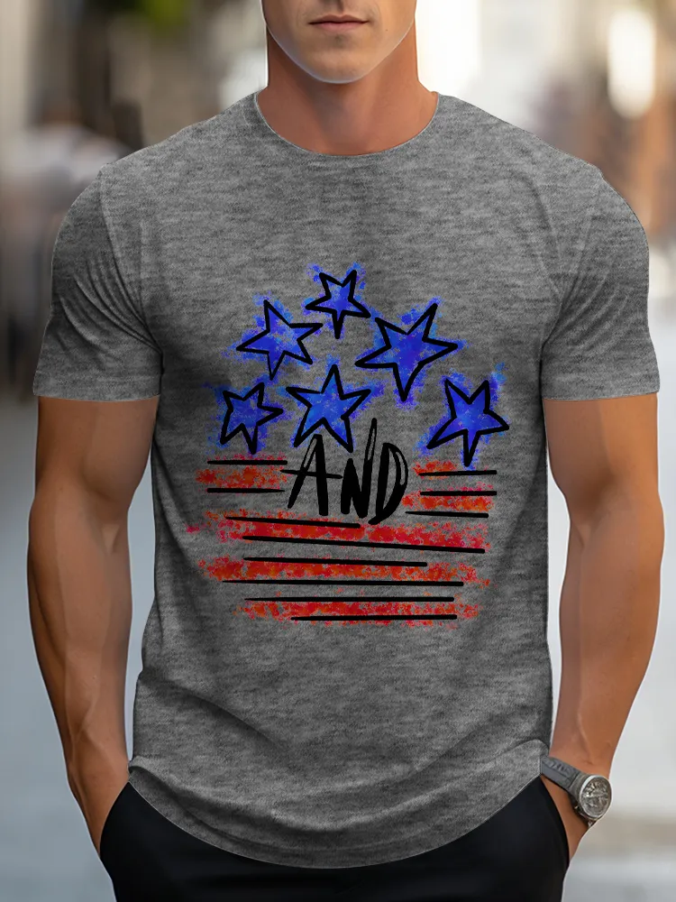 Man'S Star And Striped Prints Round-Neck Short-Sleeved T-Shirt