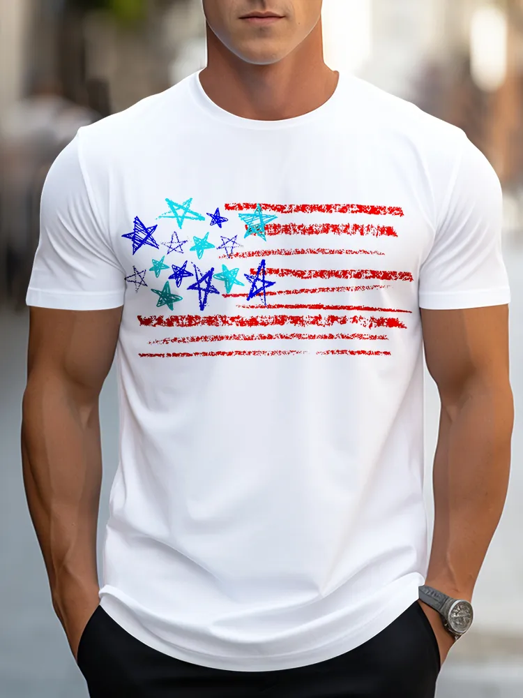 Man'S Stars And Stripes Print Round-Neck Short-Sleeved T-Shirt