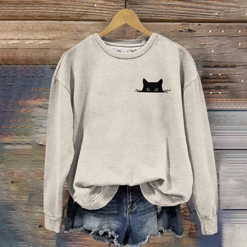 Women's Embroidered Black Cat Print Sweatshirt