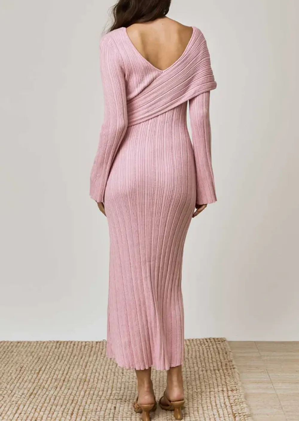 V Neck Long Sleeved Ribbed Midi Dress