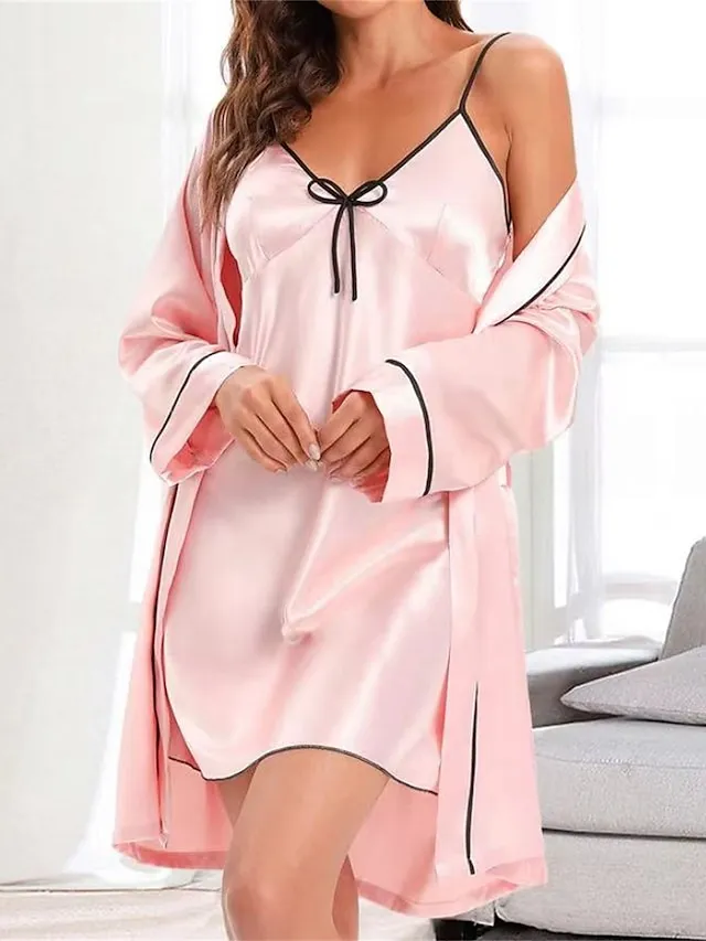 Women's Pajamas Robes Gown Nightshirt Dress 2 Pieces Pure Color Fashion Casual Soft Home Daily Bed Polyester Breathable Straps Long Sleeve Summer Fall Black Pink