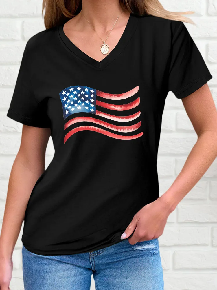 Woman'S Stars And Stripes Print V-Neck And Short Sleeves T-Shirt