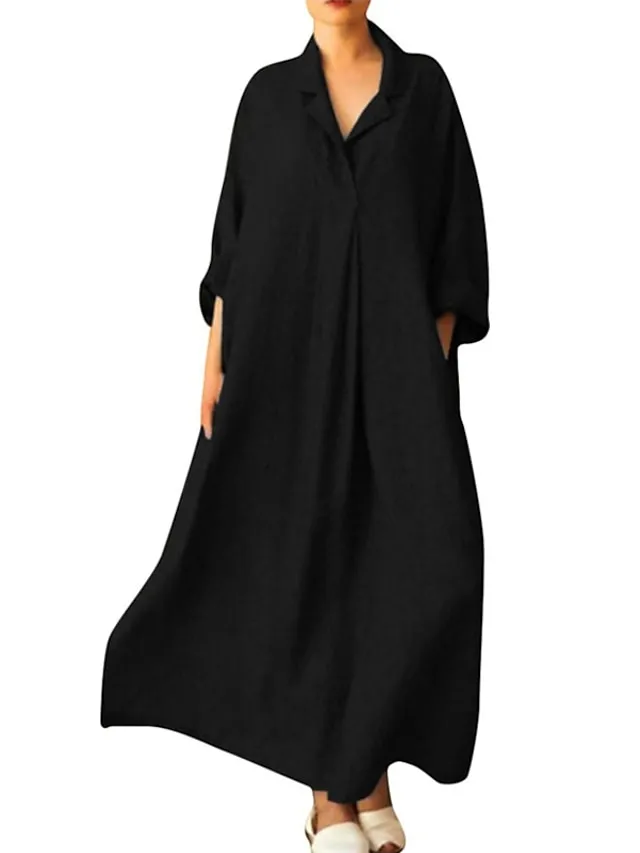 Women's Cotton Linen Dress Swing Dress Black Dress Maxi long Dress Cotton Blend Casual Comfort Home Daily Vacation Shirt Collar Pocket Long Sleeve Summer Spring Fall Loose Fit Black Pink Green Pure