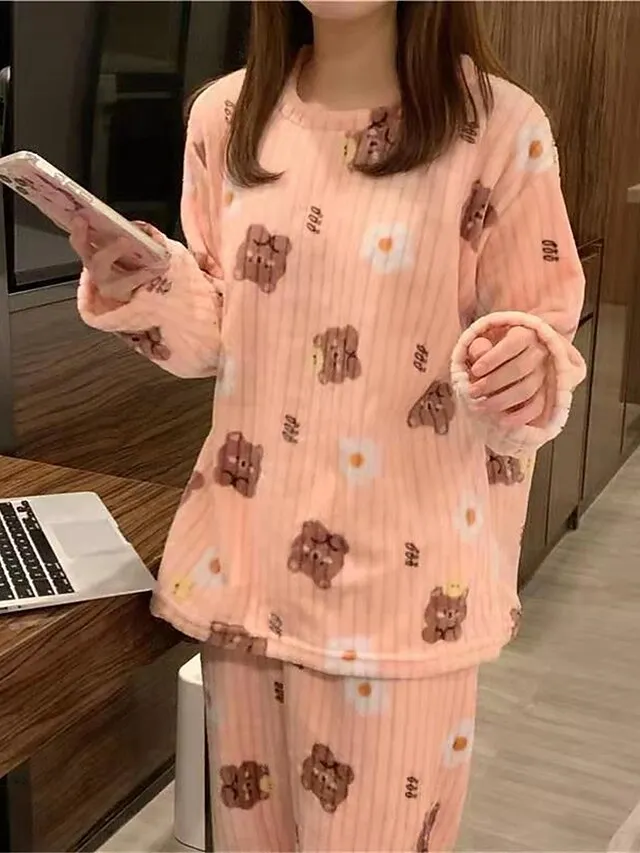Women's Fleece Loungewear Sets Fluffy Pajama Fuzzy 2 Pieces Bear Peach Fashion Casual Comfort Street Daily Date Polyester Warm Crew Neck Long Sleeve Pant Fall Winter Lotus Pink Black