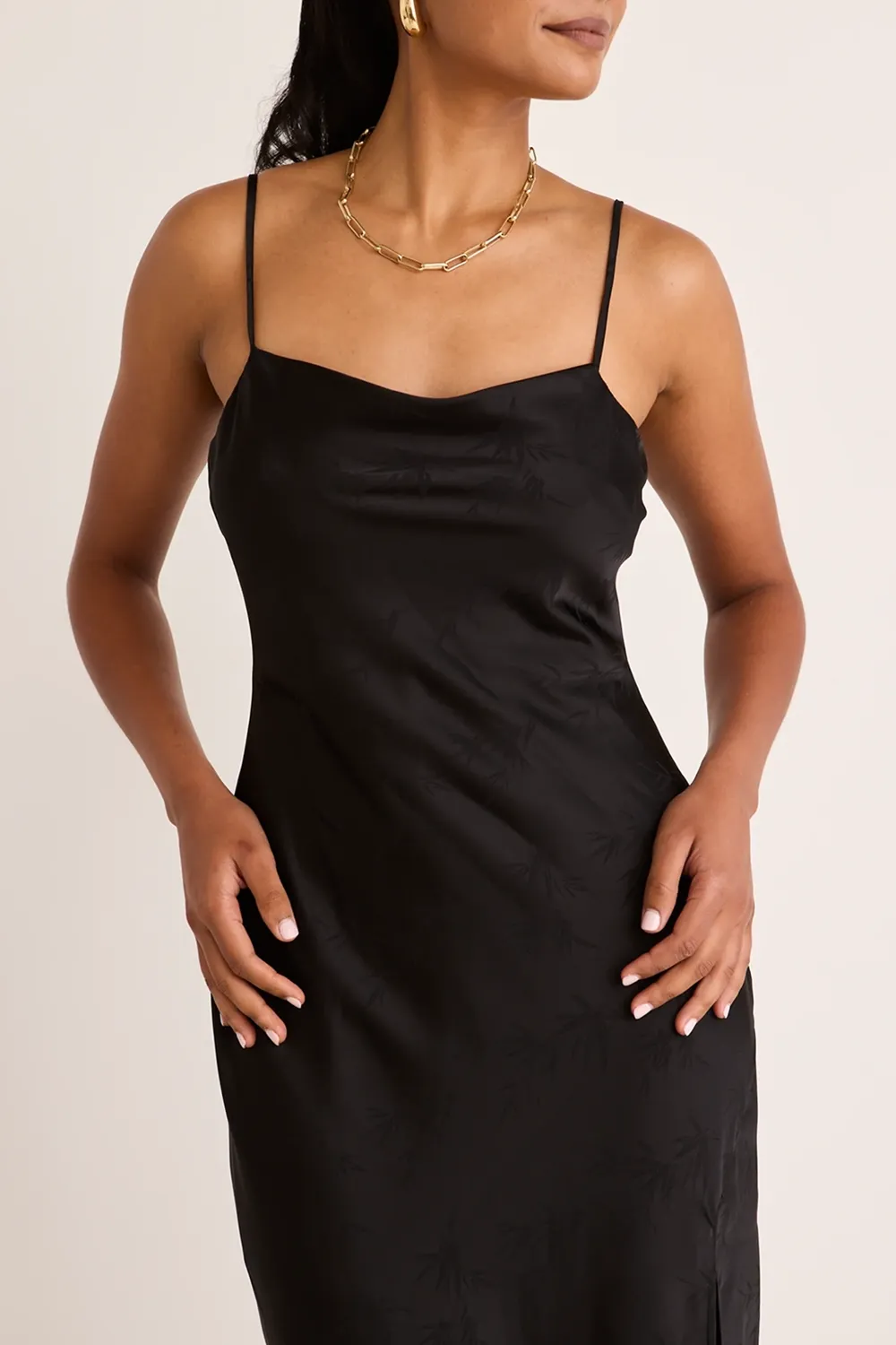 Black Jacquard Satin Strappy Bias Midi Dress