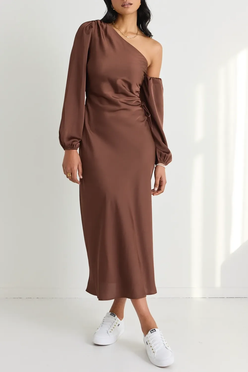 Chocolate Satin One Shoulder LS Midi Dress