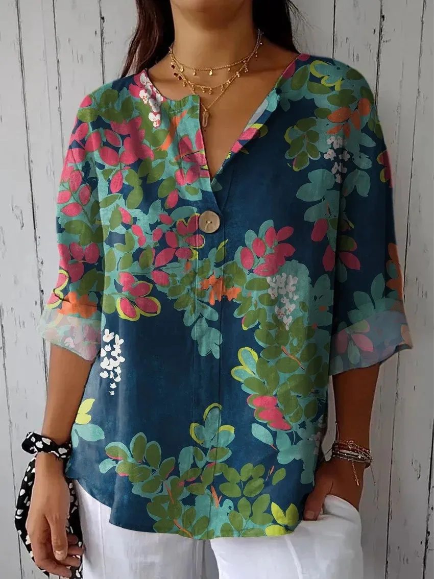 Women's Casual Plant Print V-Neck Long Sleeve Cotton and Linen Shirt