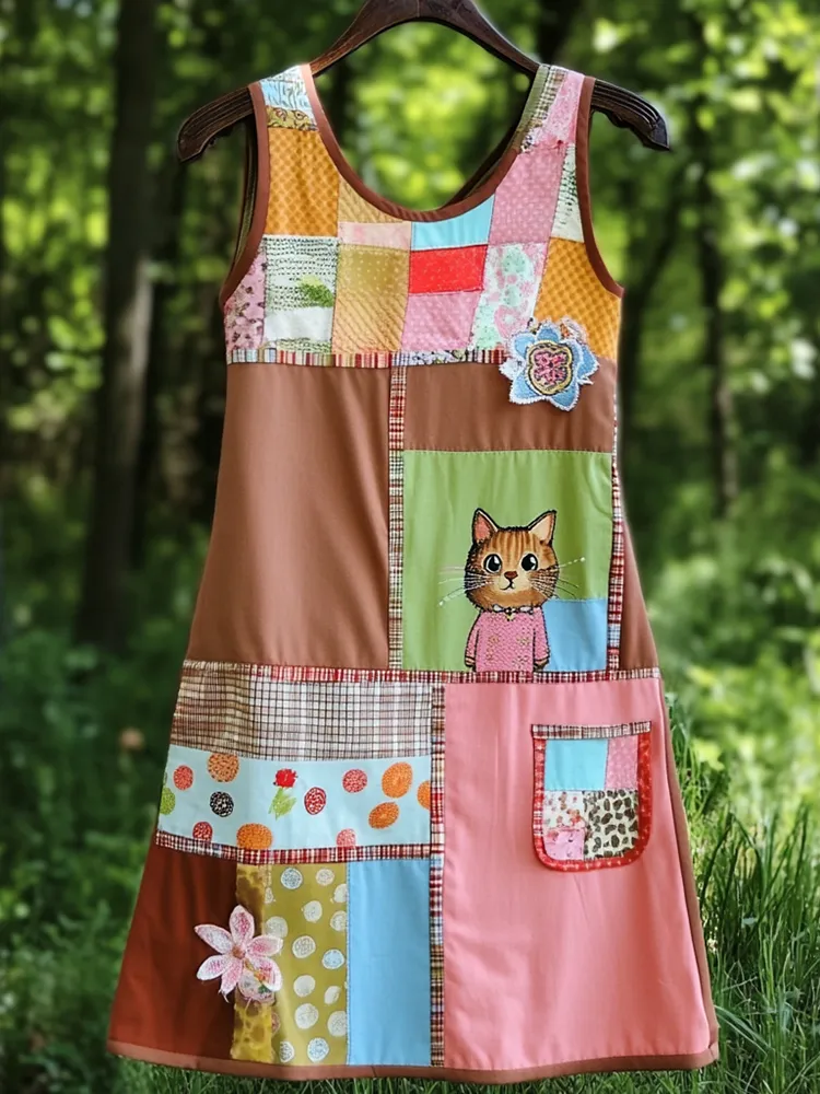 Women's Cute Cat Floral Patch Sleeveless Dress