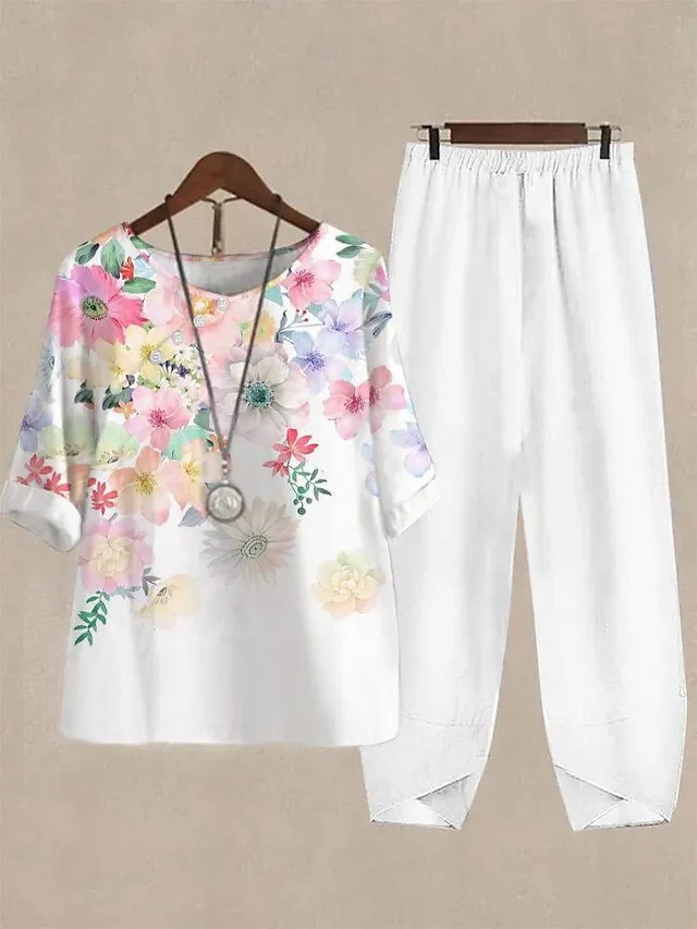 Women's Shirt Pants Sets Floral White Pink Blue Print Short Sleeve Casual Daily Daily Basic Crew Neck Regular Fit Fall & Winter