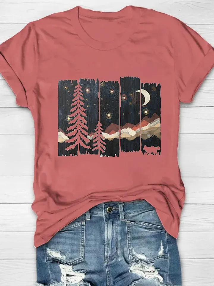 Women's Casual Natural Forest Print Short Sleeve Crew Neck T-Shirt