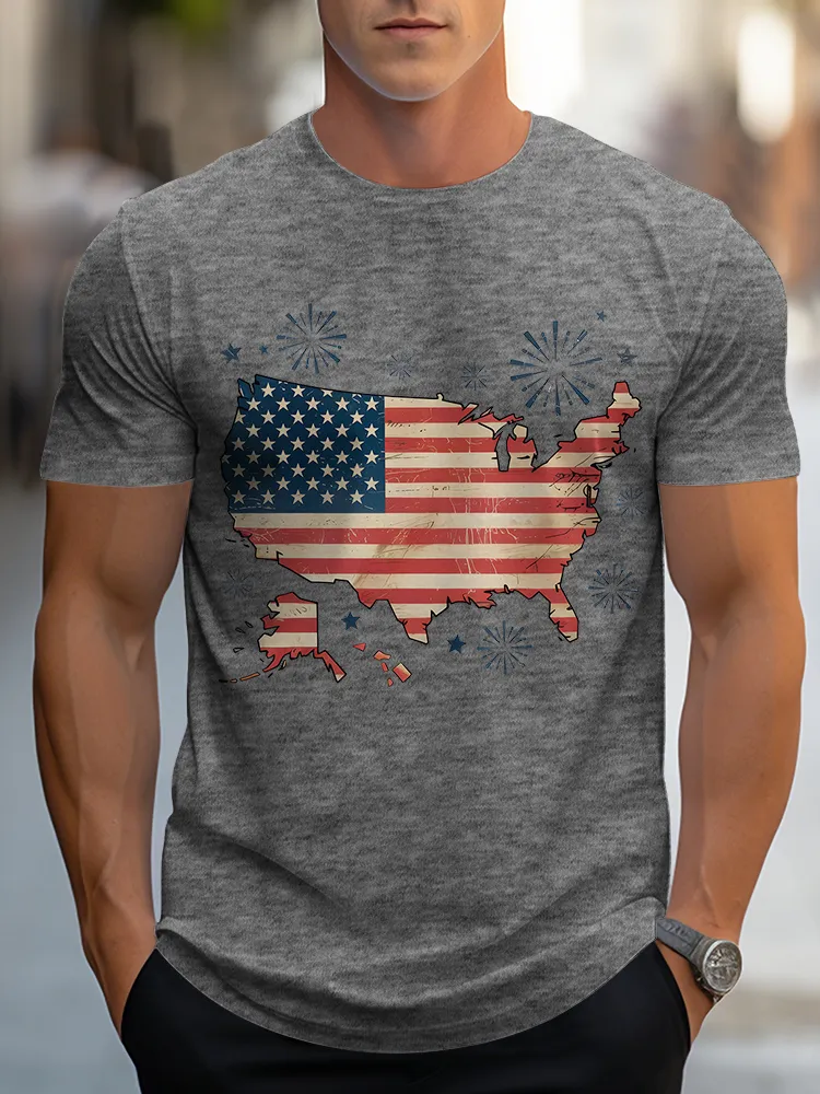 Man'S Fireworks And National Flag Round-Neck Short-Sleeved T-Shirt
