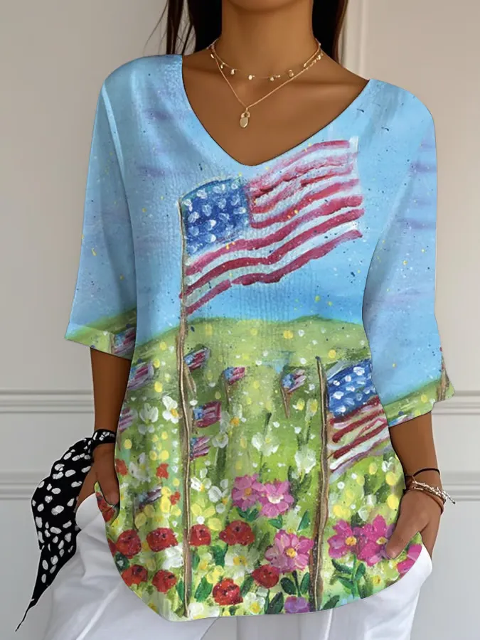 Women'S Flowers And Stars And Stripes Prints Long-Sleeved V-Neck Shirt