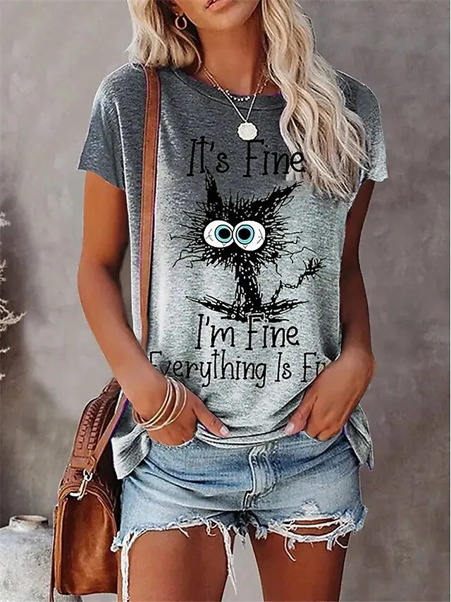 Women's T shirt Tee Yellow Blue Orange Cat Letter Print Short Sleeve Daily Weekend Basic Round Neck Regular Fit Cat Painting