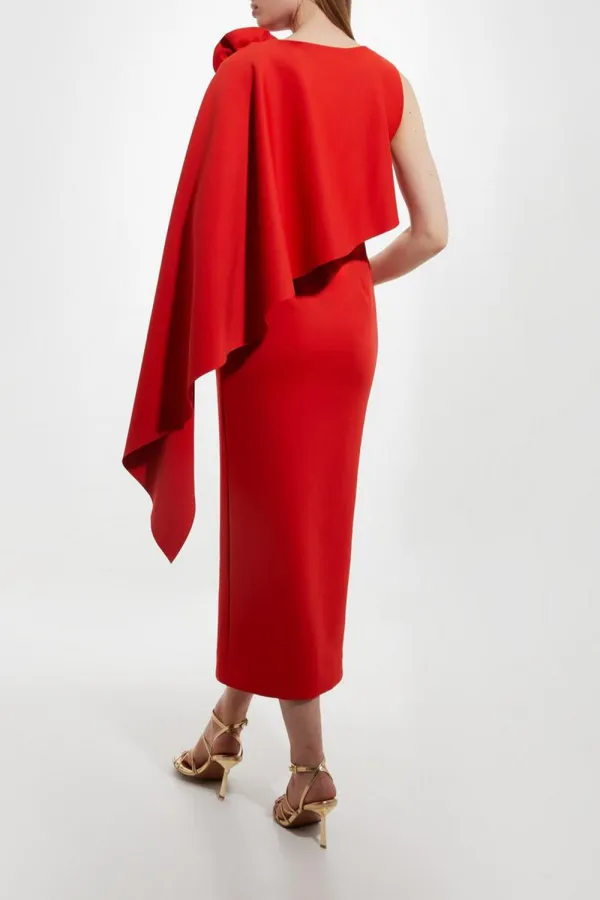 Scuba Crepe Dramatic Rosette Woven Cape Midi Dress