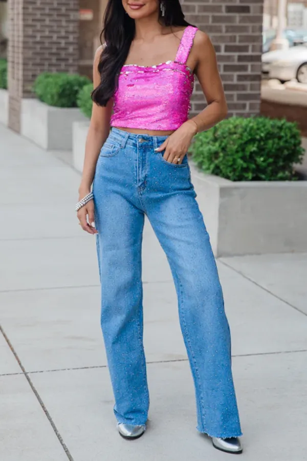 Medium Wash Rhinestone Detail Wide Leg Jeans