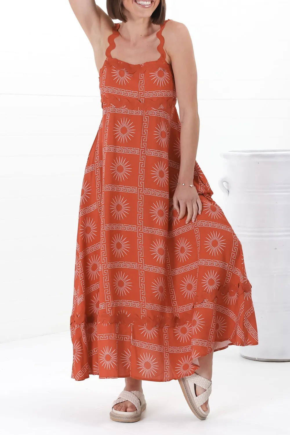 Orange Patterned Scallop Strap Maxi Dress