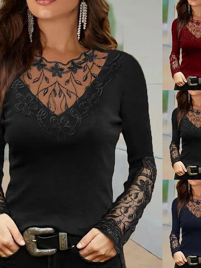 Women's T shirt Tee Going Out Tops Black Wine Navy Blue Floral Lace Patchwork Long Sleeve Casual Weekend Basic Round Neck Regular Floral S