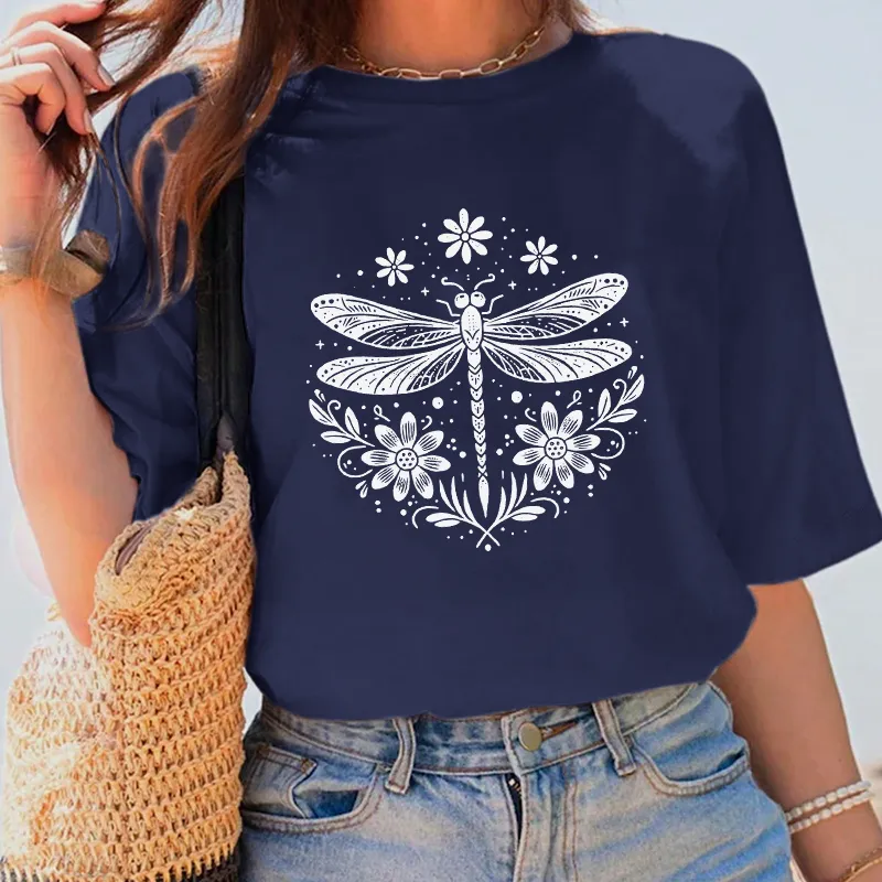 Dragonfly Plant Pattern Casual T-shirt