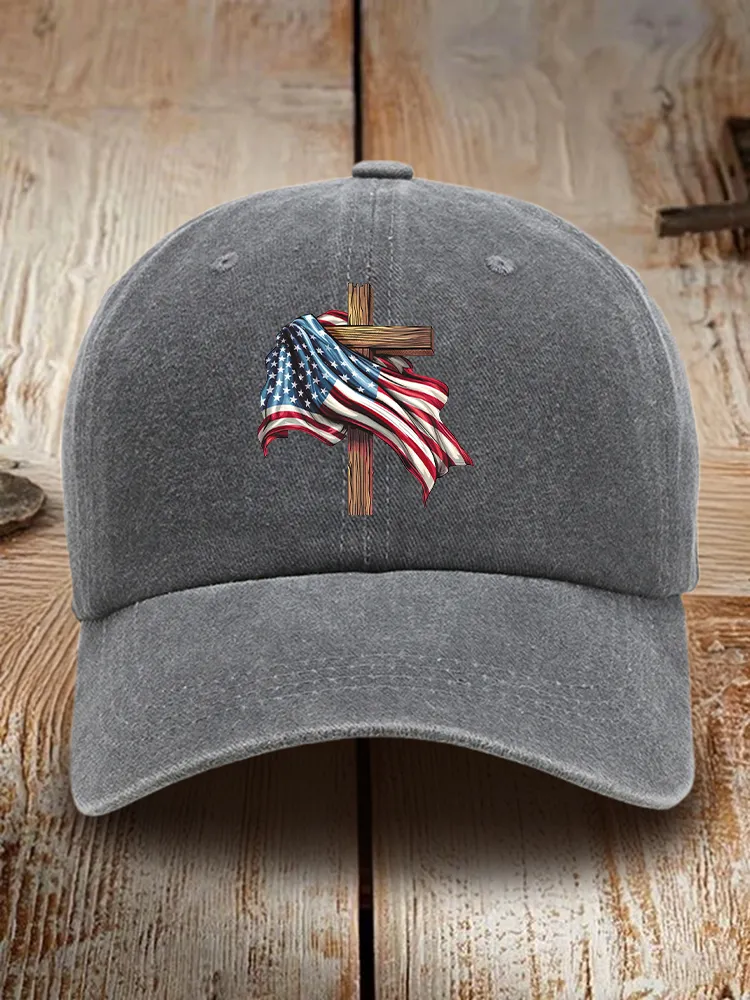 The Stars And Stripes And The Cross Print Washed Baseball Cap