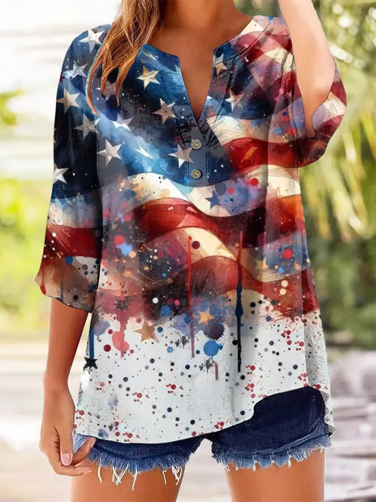 Women'S Spray-Printed Stars And Stripes Printed V-Neck Long-Sleeved Shirt