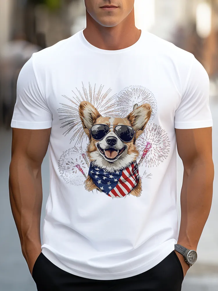 Man'S Puppy Fireworks Round-Neck Short-Sleeved T-Shirt