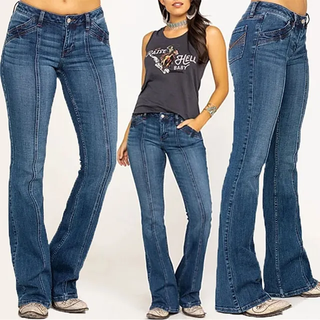 Women‘s Low Rise Jeans Flared Pants Bell Bottom Full Length Denim Side Pockets Wide Leg Micro-elastic Fashion Street Casual Blue Deep Blue S M