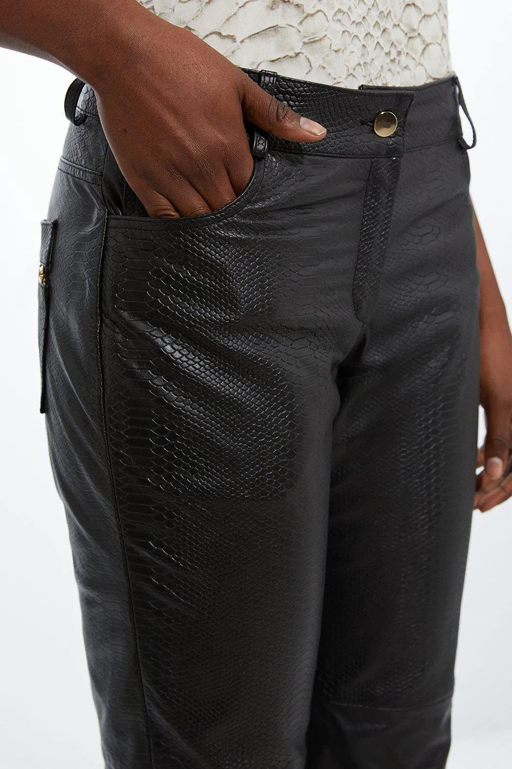 Snake Print Leather Slim Leg Low Rise Trousers