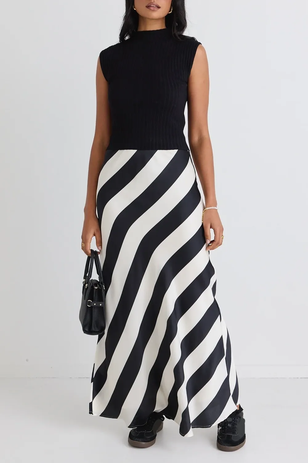 Black Stripe Satin Maxi Skirt