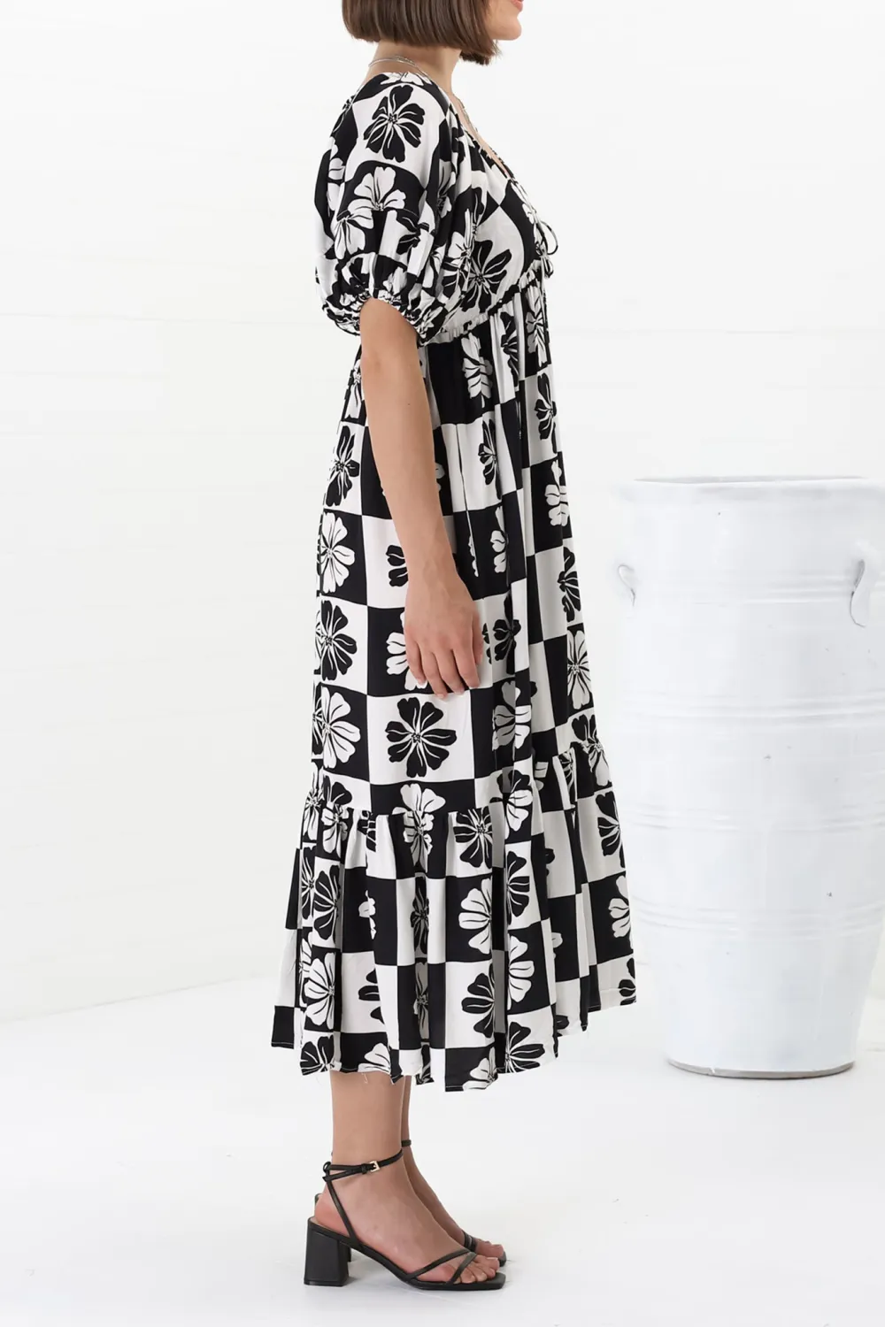 Black Checkered Puff Sleeve Midi Dress