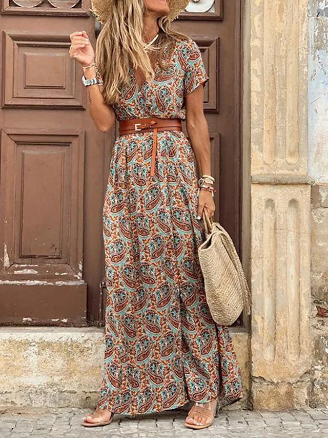 Women's Swing Dress Maxi long Dress Boho Dress Black Red Brown Short Sleeve Print Split Ruffle Button Spring Summer V Neck Vintage 2023 S M L XL XXL 3XL