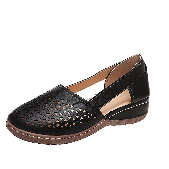 Women's Sandals Wedge Sandals Comfort Shoes Plus Size Outdoor Work Daily Summer Hollow Out Flat Heel Round Toe Classic Casual Minimalism Walking Shoes Faux Leather Loafer Solid Color Solid Colored
