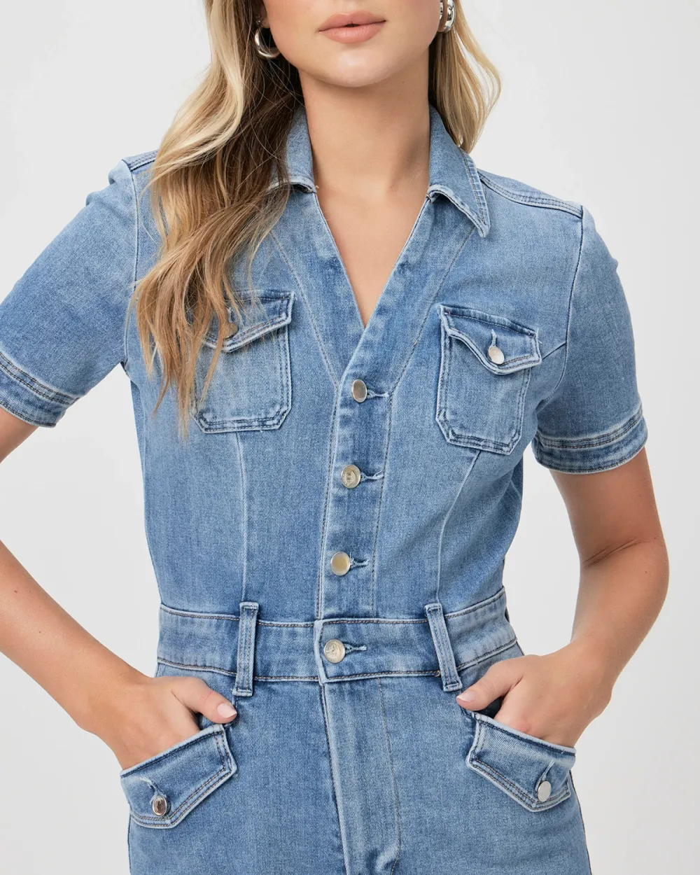 Light Blue Denim Short Sleeve Jumpsuit