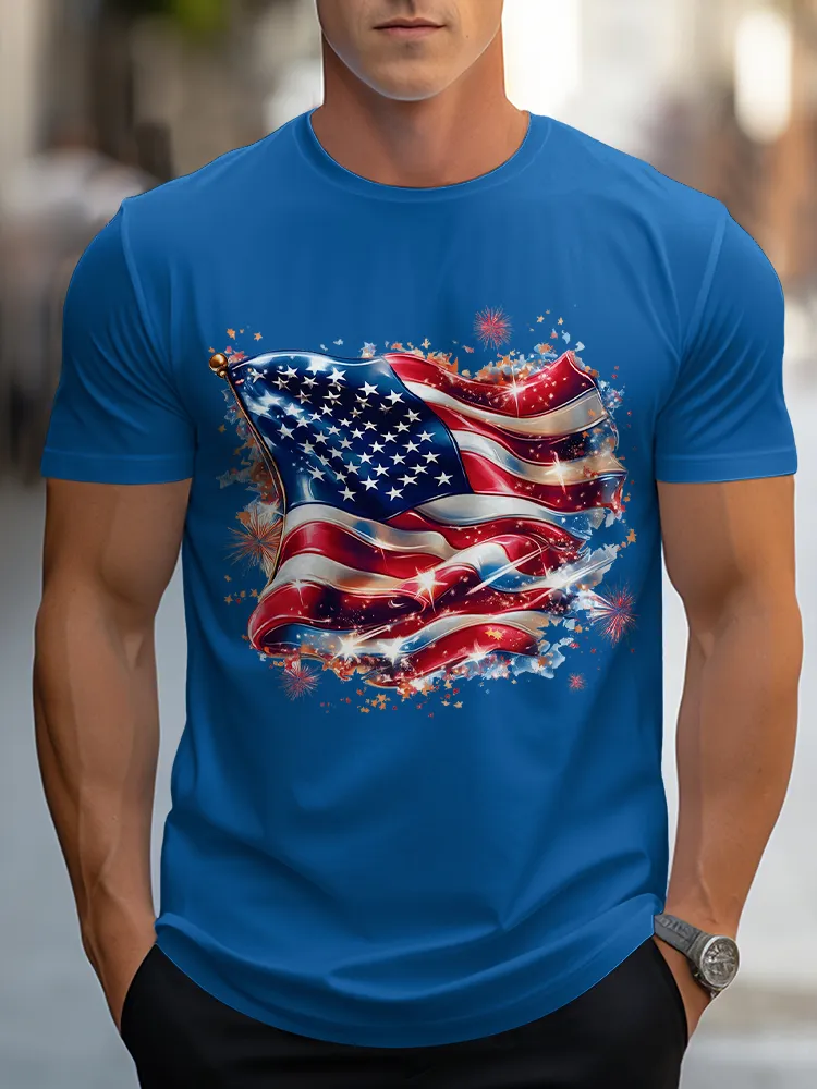 Man'S Stars And Stripes Print Round-Neck Short-Sleeved T-Shirt