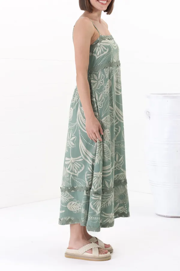 Light Green Leaf Print Slip Maxi Dress